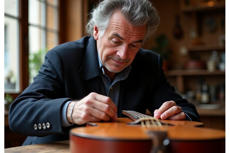Luthier expert examinant attentivement une guitare en bois dans son atelier parisien