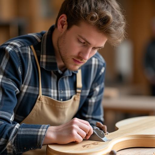 Participant d'atelier travaillant sur un manche de guitare sous la supervision d'un luthier expert, dans une ambiance chaleureuse.