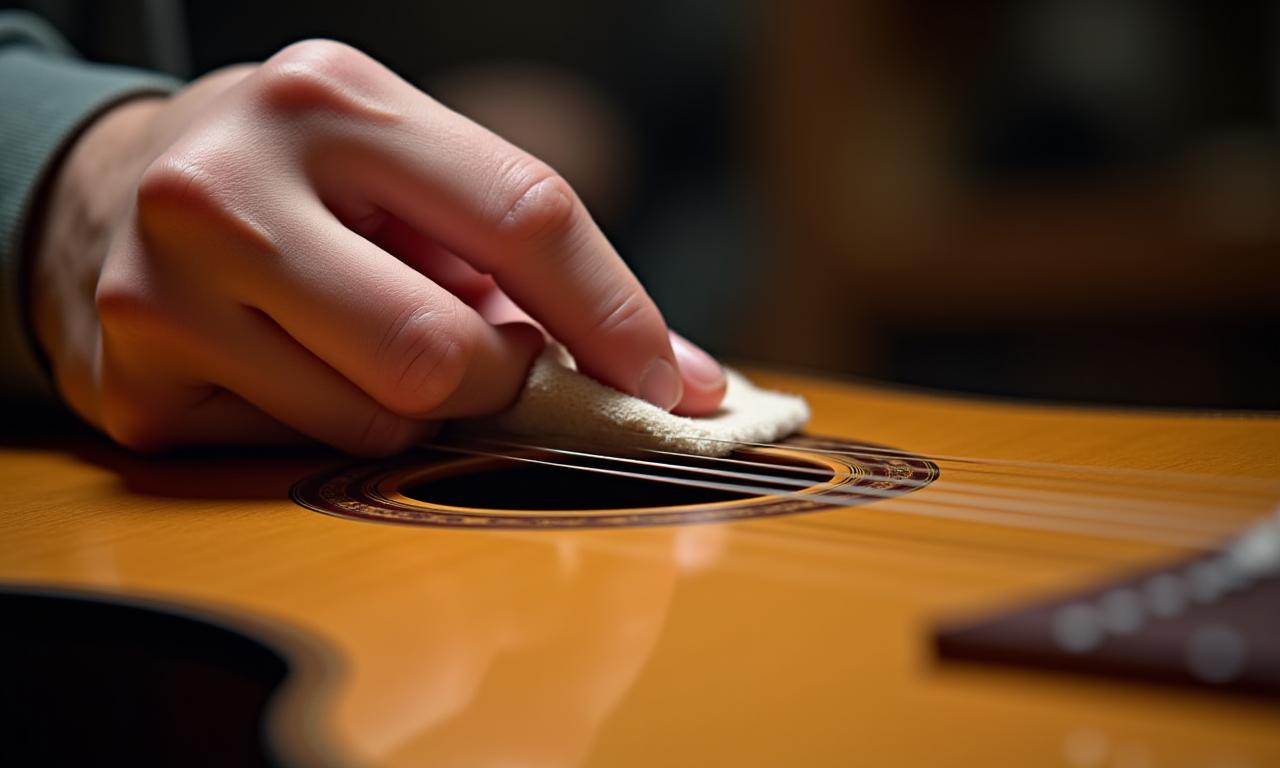 Mains de luthier travaillant délicatement sur une guitare acoustique, mettant en évidence le soin et la précision.