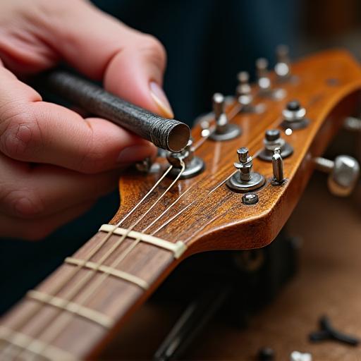 Luthier réparant une tête de guitare ancienne avec des outils spécifiques, mettant l'accent sur la précision.