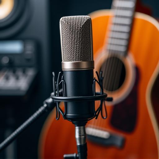 Microphone à condensateur haut de gamme devant une guitare acoustique dans un studio d'enregistrement, ambiance professionnelle.