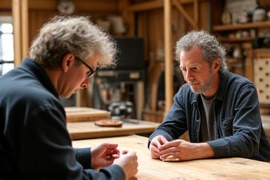Musicien discutant avec un luthier dans un atelier