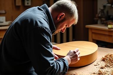 Luthier travaillant méticuleusement sur une guitare dans un atelier
